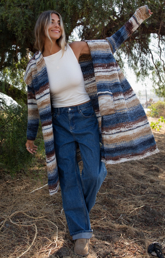 Knit Space Dye Hooded Long Sleeve Cardigan