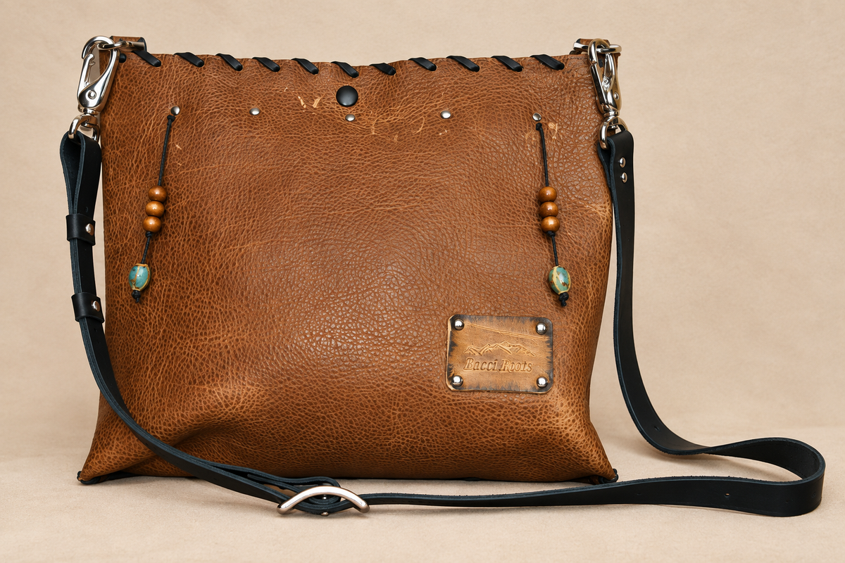 Bacci Roots Brown Bison Leather Purse with Fringe Accents (B212)